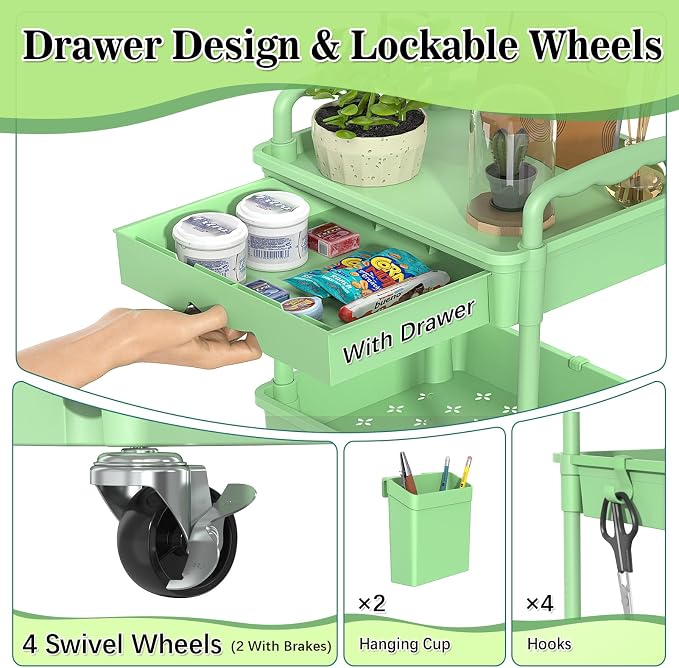 SUNALLY 4 Tier Rolling Cart with Drawer, Craft Storage Cart Organizer,Green | Bathroom Storage Organizer with 2 Lockable Wheels, Rolling Utility Cart for Kitchen, Office, Baby, Makeup, Nail,Snack,Laundry