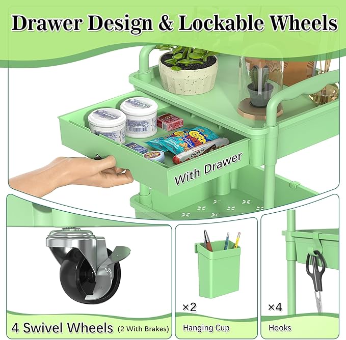 SUNALLY 3 Tier Rolling Cart with Drawer, Craft Storage Cart Organizer,Green | Bathroom Storage Organizer with 2 Lockable Wheels, Rolling Utility Cart for Kitchen, Office, Baby, Makeup, Nail,Snack,Laundry