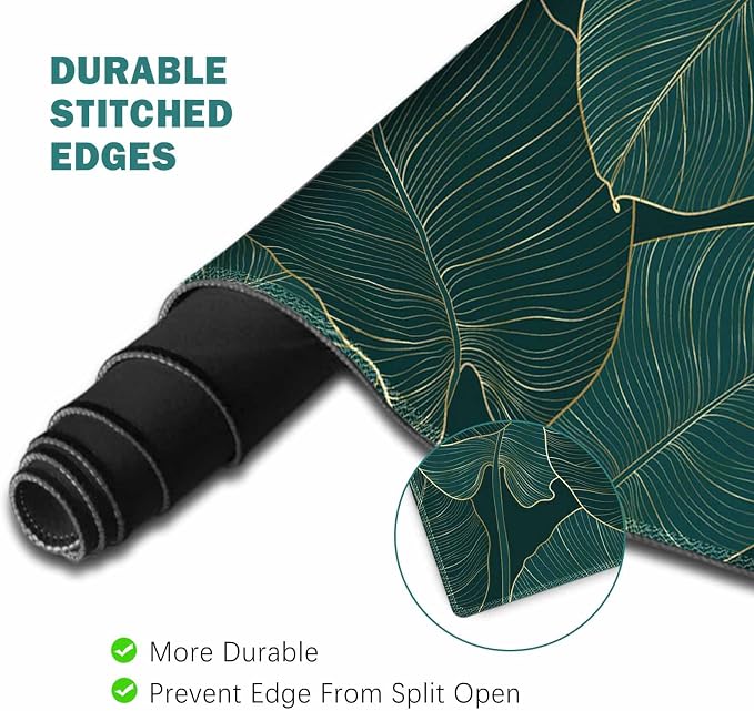 ToLuLu Extended Gaming Mouse Pad, Ergonomic Keyboard Mouse Wrist Rest Set | Large Desk Mat with Stitched Edges, Non-Slip Base Memory Foam Mousepad Support for Home Office Game, Green Golden Leaves
