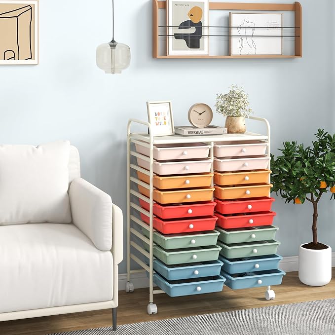 COSTWAY 20-Drawer Rolling Storage Cart, Utility Storage Organizer Cart | For Tools, Scrapbook, Paper, Craft, Multipurpose Storage Trolley on Wheels for Home Office School (Macaron)