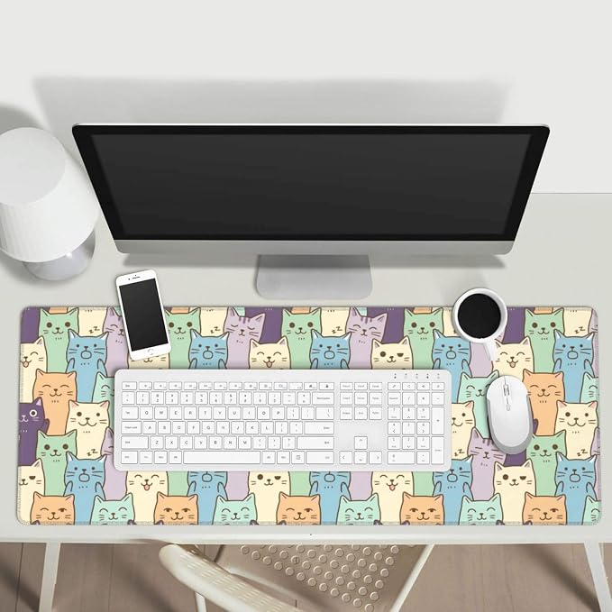 Cat Gaming Mouse Pad Large Extended Desk Mat Non-Slip Rubber Base Keyboard Pad with Stitched Edges for Office Gaming 31.5x11.8 in