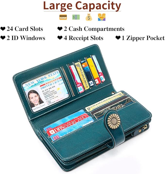 SENDEFN Wallets for Women Leather Credit Card Holder with RFID Blocking Large Capacity Wristlet | with RFID Blocking