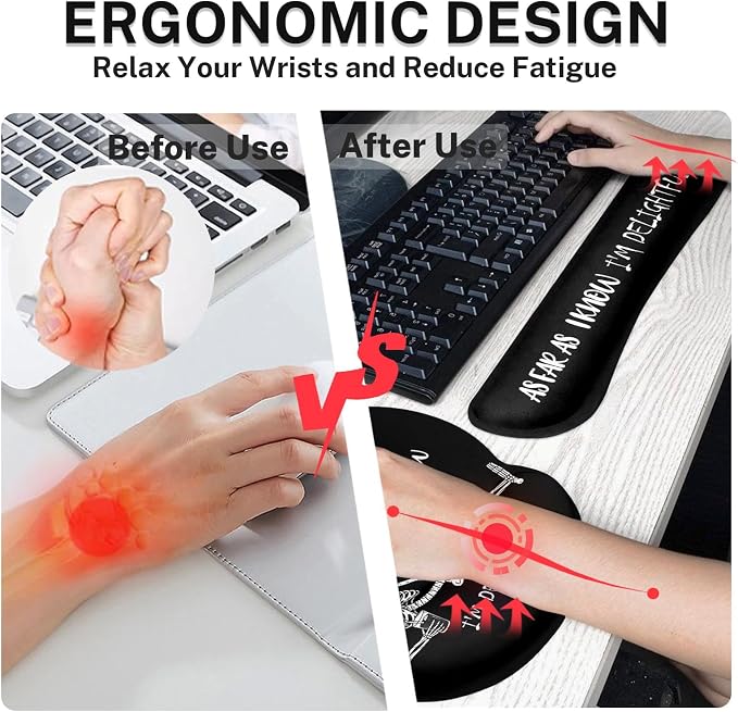 Ergonomic Mouse Pad Set with Wrist Rest, Black Skull Skeleton | Non-Slip Rubber Base Wrist Cushion Support and Coasters Mousepad with Wrist Support for Computer Keyboard