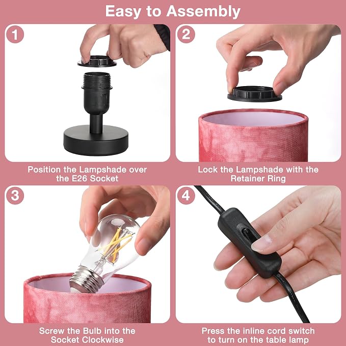 Small Table Lamps(Pink Shade - Black Base, 9" Inline Control) | 3000K LED Blub Included | 680 Lumens | Easy Assembly | Minimalist Design | E26 | for Kitchen | for Kids Room