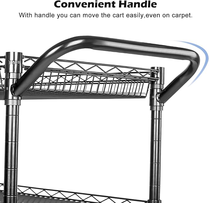 990Lbs Capacity Heavy Duty Rolling Utility Cart, NSF Rolling Carts with Wheels,Commercial Grade Metal Cart with Handle Bar & Shelf Liner,Trolley Serving Cart for Restaurant,Kitchen,Black