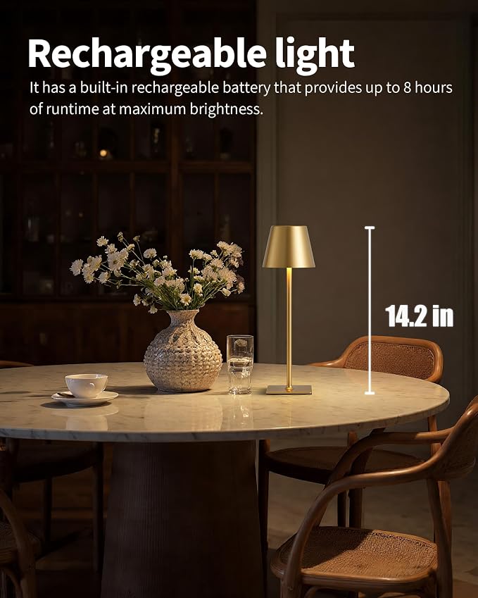 KDG Gold Cordless Table Lamps Set of 2, 4000mAh Rechargeable LED Desk Lamp | Portable, Battery Operated, 3 Color Stepless Dimming, for Restaurant, Outdoor Camping, Coffee Shop, Bedroom, Night Light