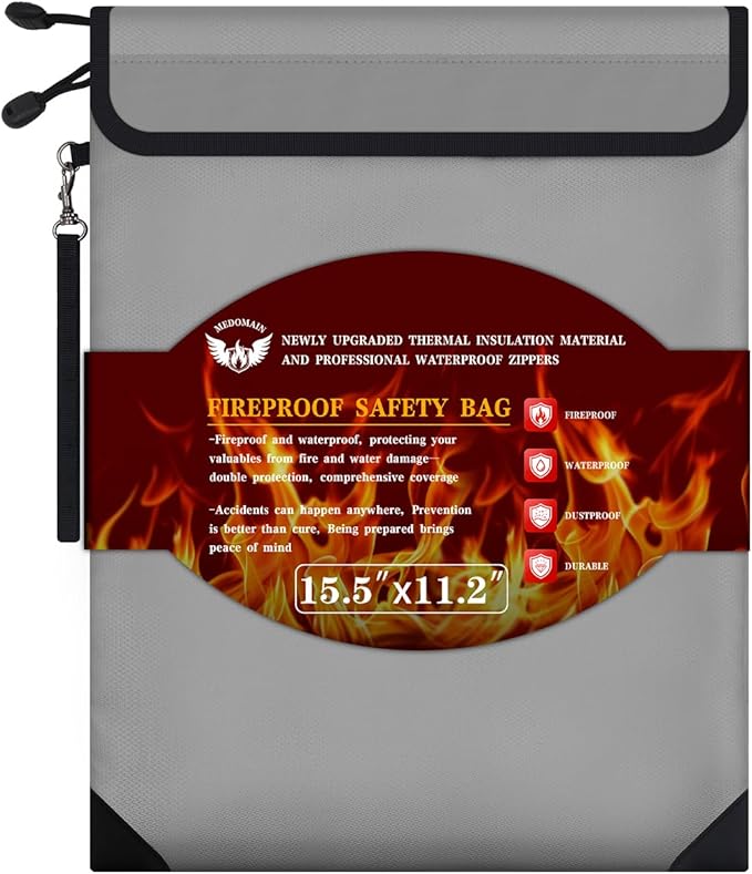 Fireproof Document Bag 15.5"x11.2", Dual Zipper Pockets, Waterproof Fire Resistant Safe for Legal & A4 Size Papers, Important Document & Money Organizer for Home Office & Travel