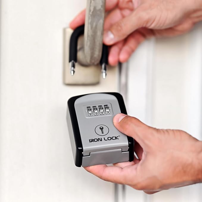 Iron Lock® Small Portable Key Lock Box with Code, U-Shackle (Small, Grey) | U-shackle opens fully out to loop over a handle, gate, latch or rail; rolling combination dials, no app, no battery