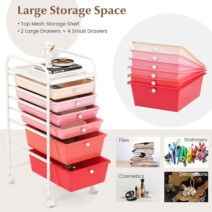 COSTWAY 6-Drawer Rolling Storage Cart, Art Craft Tools Organizer on Wheels | Multifunctional Heavy Duty Utility Mobile Storage Trolley w/ 2 Lockable Wheels for Home Office School (Mixed Pink)