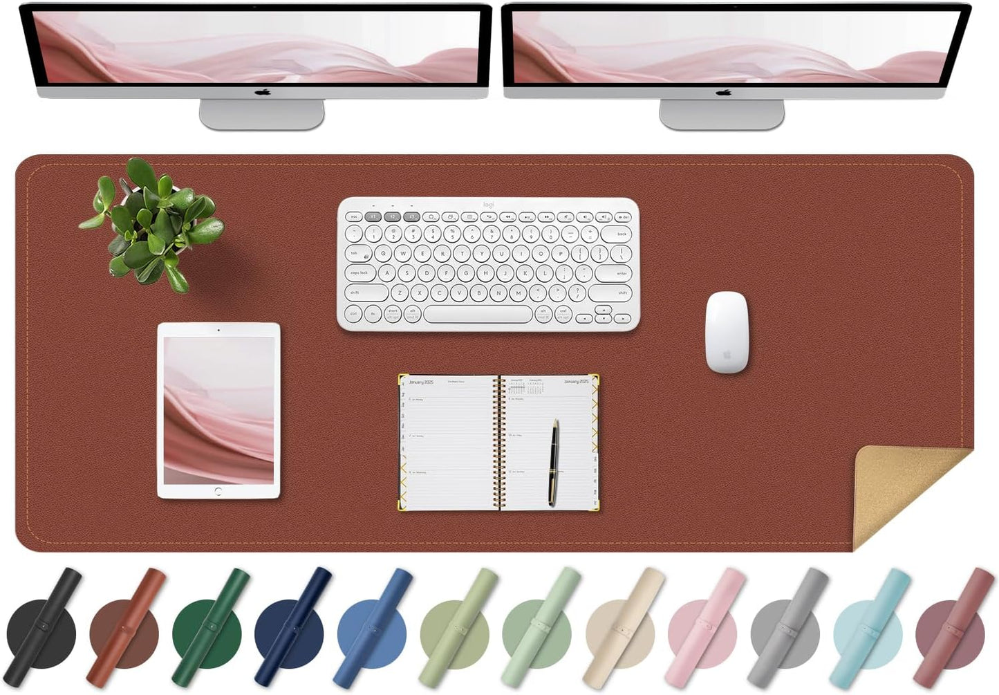 BLESWIN Large Desk Pad Mat 47.2"" x 17"", Office Desk Mat, Non-Slip PU Leather & Cork Desk Blotter for Keyboard and Mouse, Large Desk Mat, Large Mouse Pad for Office & Home(Brown)