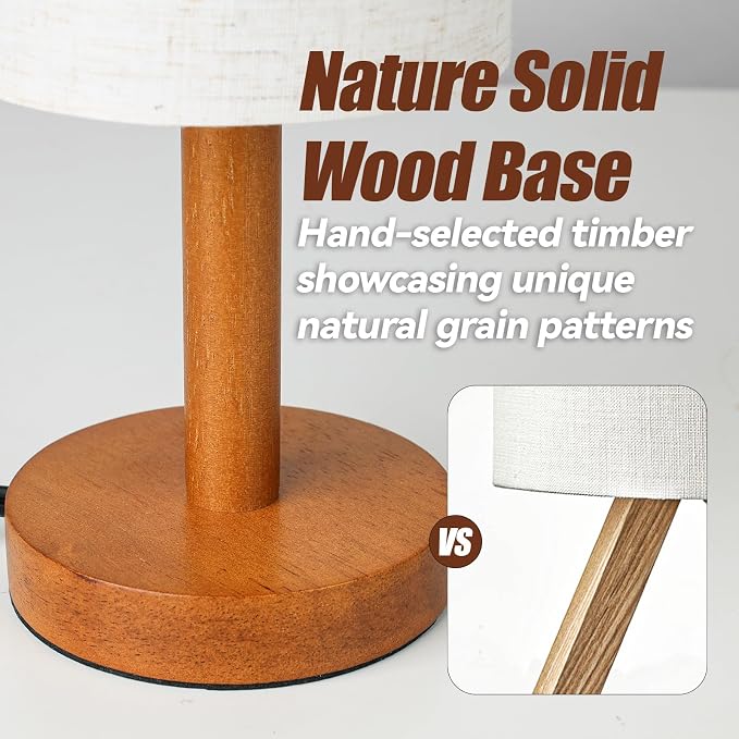 LALISU Small Table Lamp Nightstand Lamp Linen Lampshade Bedroom Wood Base Small Bedside Lamp for Night Stands, Desk Lamps for Reading Living Room, Office (LED Bulb Included) (Rosewood)