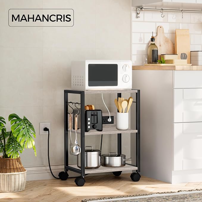 MAHANCRIS Industrial Printer Cart, 3-Tier Mobile Printer Stand, Rolling Cart with Power Outlets and USB Ports, Home Printer Stand with 2 Hooks, for Office, Living Room, Greige PTHG40E01