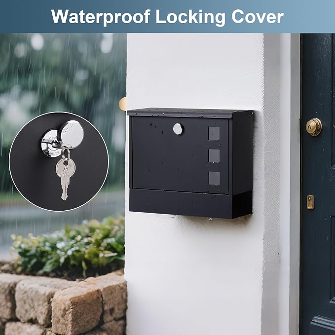 Locking Mailbox Wall Mount for Outside– Jssmst Mailboxes with Key Lock for Front Door Fence, Large Capacity Letter Box, 14.3 x 4.1 x 11.8 Inch, Black, SM-HPB911BN