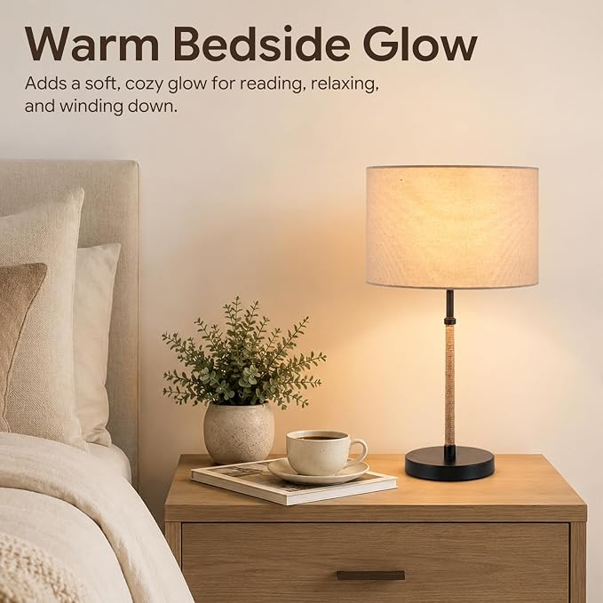 BySea Nordic Linen Desk Lamp, 21.1" Tall Metal Table Lamp for Living Room, Minimalist Bedside Nightstand Lamp with Fabric Drum Shade, Japandi Decor, Warm Yellow Light, 6.6ft Cord