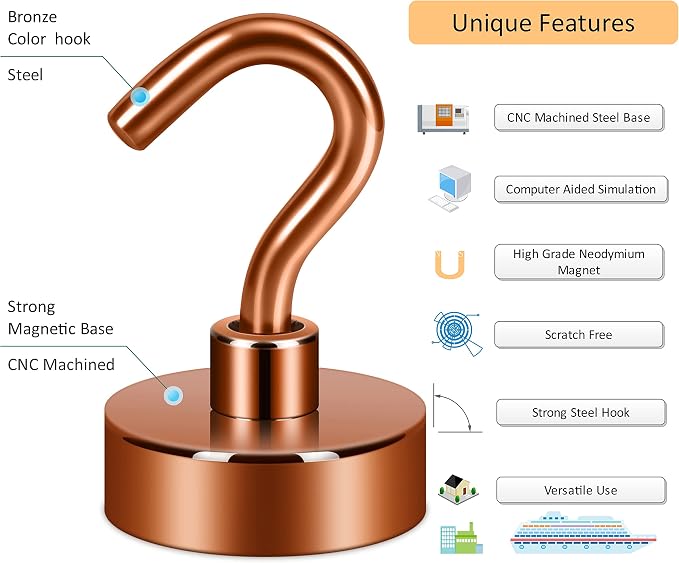 Neosmuk Magnetic Hooks, Heavy Duty 40lb+ Strong Magnet Hook for Cruise Cabins, Cruise Essentials 2026 for Hanging, Metal Wall Refrigerator Hangers (Bronze, 10 Pack)