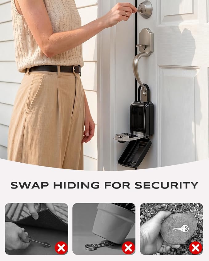 Large Lock Box for Keys with Code, 4 Digits Combination Portable Key Lock Box with Resettable Spare Key, Weatherproof Key Safe Storage Lockbox for Home, Office Door Handle, No Drilling Needed