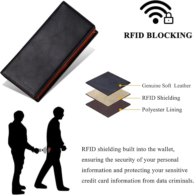 VISOUL Leather Checkbook Cover Wallet for Men with RFID Blocking, Mens Long Bifold Cash Tall Wallet with 11 Credit Card Slots 1 ID Window (Black and Orange)