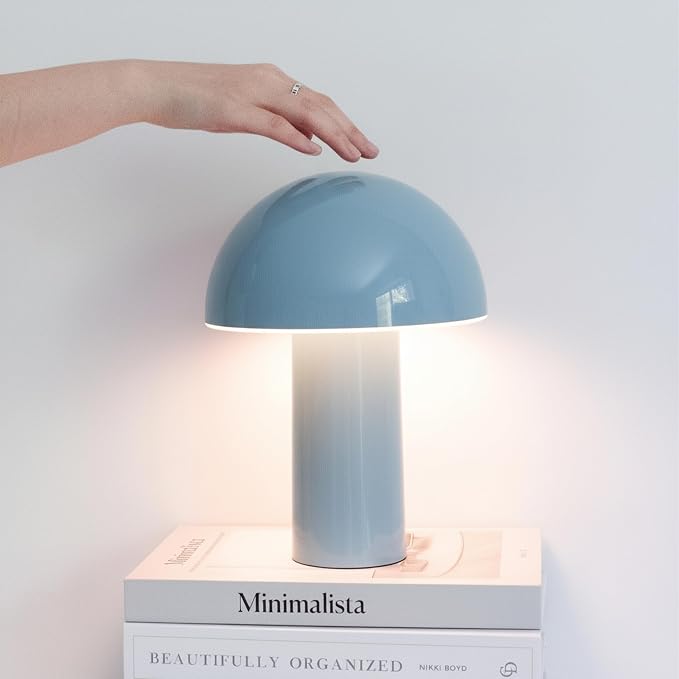 Brightech Celia Small Lamp – 10" Touch-Controlled Mushroom Table Lamp, Cordless & Dimmable LED, Portable & Rechargeable Bedside Night Light, Sustainable Recycled Modern Lamp for Home Décor, Light Blue