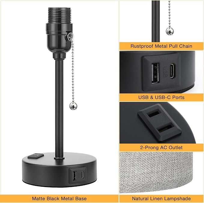Small Bedside Table Lamp for Bedroom - Desk Lamp with USB Ports for Dorm | USB A+C Ports, AC Outlet, 3 Color Temperatures, LED Bulb Included, Grey Fabric Shade, Matte Black Base, 14" Night Stand Lamp