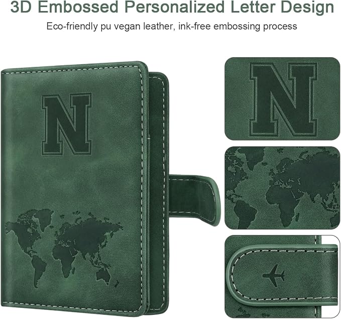 Passport Holder Wallet Cover Personalized Initial Travel Essentials | Embossed Letter A-Z Design, Travel Wallets, RFID Blocking, Passport Book Holders, Women and Men, Personalized Gifts, Green-N
