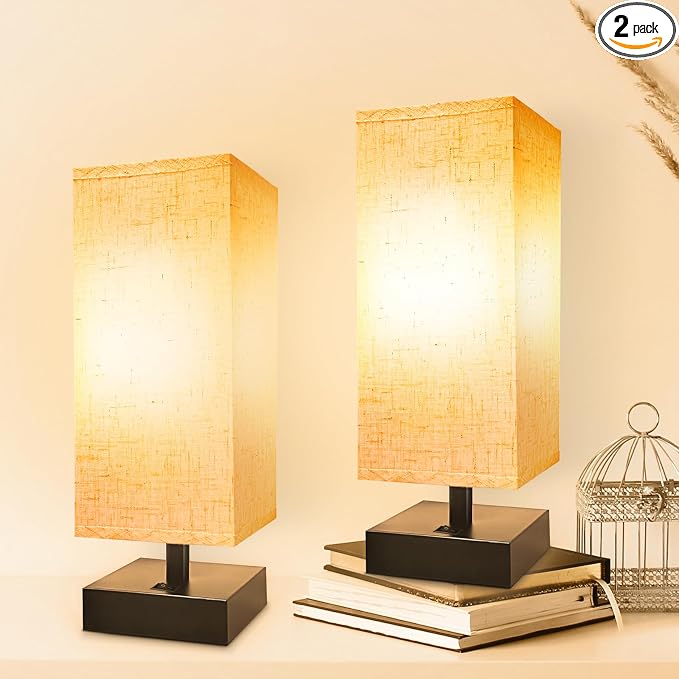 DEGNJU Small Bedside Lamp, Mini Minimalist Table Lamp with Square Flaxen Fabric Shade, 11 Inch Desk Reading Lamp for Bedroom, Living Room, Office, 2 Pack
