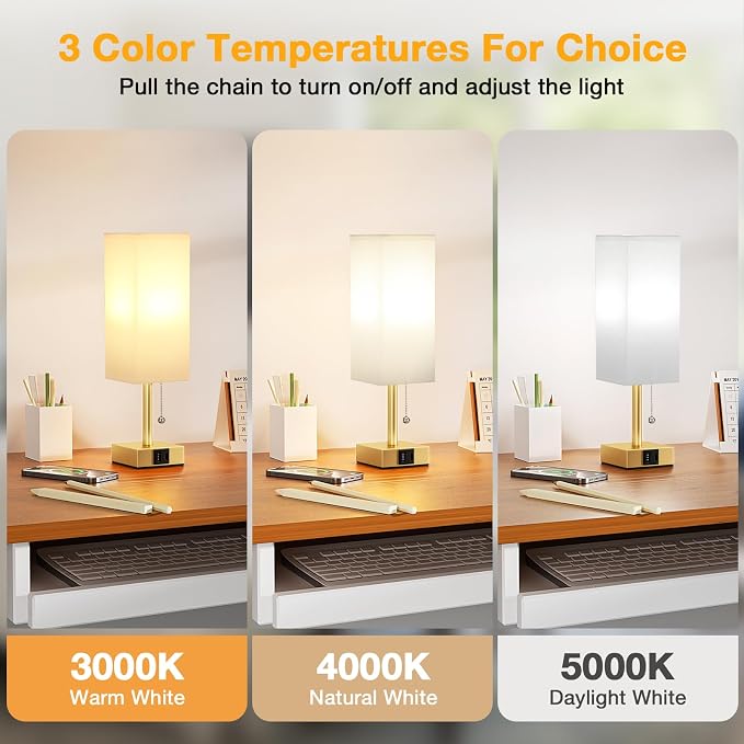 Gold Bedside Table Lamp for Bedroom - Desk Lamp For Nightstand, USB C+A | Pull Chain Lamp, 3 Color Modes(3000K/4000K/5000K), E26 LED Bulb Included, Square White Fabric Lampshade, for Read, Work, Dorm