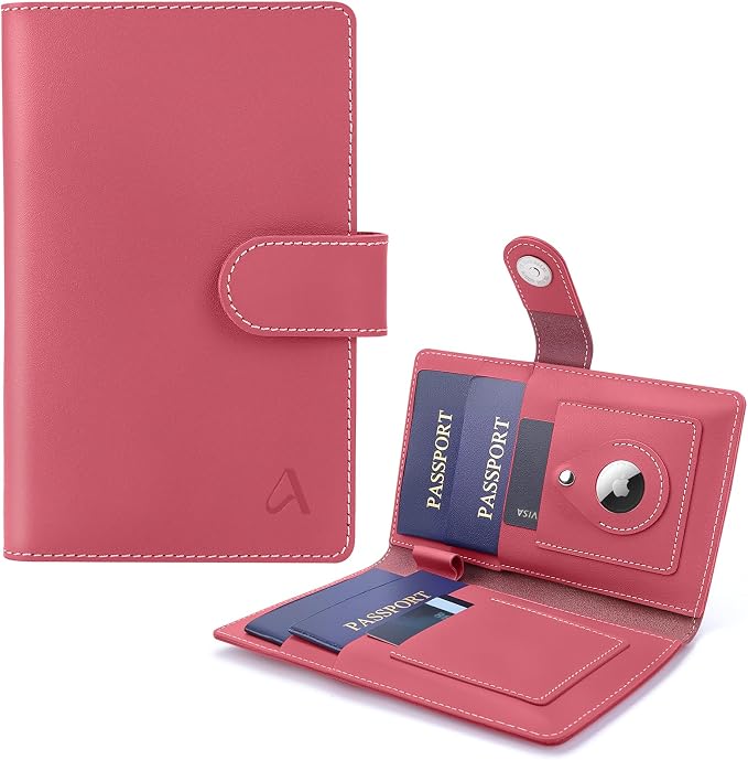 ALLIVE passport holder for travel family of 4, RFID Blocking Passport Wallet Document Organizer for Women & Men, Genuine Leather Cover with AirTag holder, Airport Essentials, Travel Gift (Rose Pink)