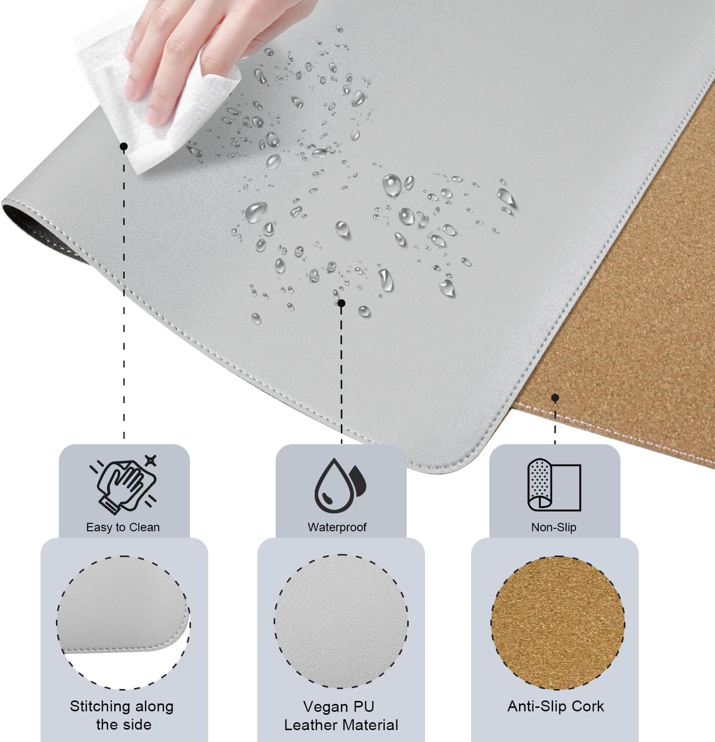 BLESWIN Large Desk Pad, 47.2'' x 23.6'', Office Desk Mat, Computer Mat for Desk, Leather Desk Pad Protector, Sewing Desk Blotter, Desktop Writing Pad for Office/Home/Decor Light Grey