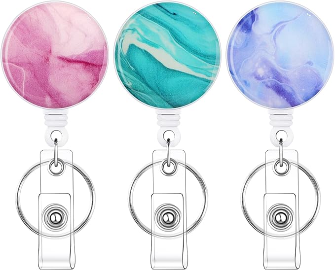 BESARME 3 Pack Badge Reels Retractable Badge Clip with Key Ring Retractable Badge Holders for Office Worker Teacher Nurse Student（Marble）