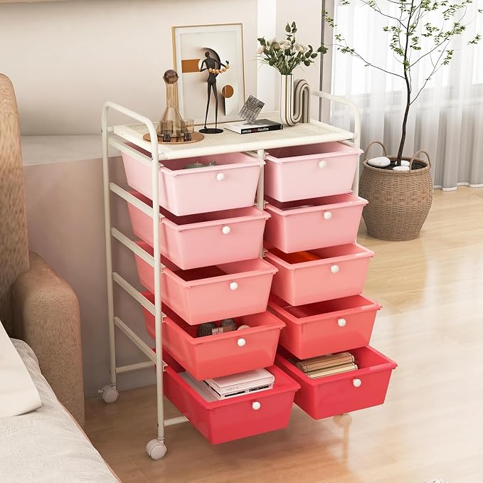 10 Drawer Rolling Cart, Storage Cart Organizer on Wheels, Drawer Cart with Metal Frame & Large Storage Capacity, Rolling Cart with Drawers for Living Room Classroom, Office