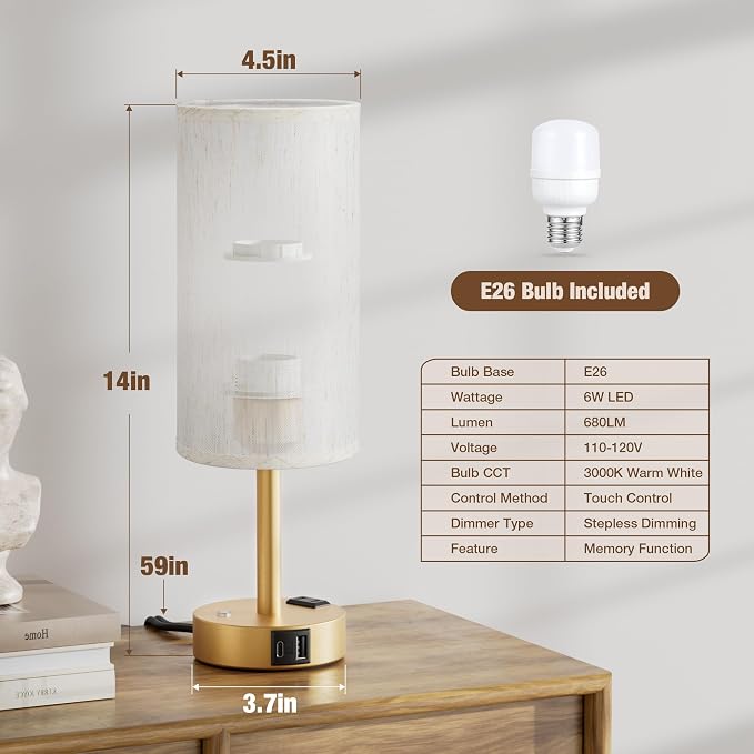 Gold Touch Bedside Lamp for Bedroom, Stepless Dimmable, USB A+C, AC Outlet | Base Touch Button Only, Memory Brightness, Ultra-dim Night Light, Included Bulb for Optimal Dimming, Cream Fabric Shade, Desk