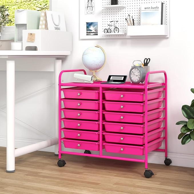 COSTWAY 12-Drawer Rolling Storage Cart, Utility Storage Organizer Cart | For Tools, Scrapbook, Paper, Craft, Multipurpose Art Supply Organizer on Wheels for Home Office School, Teacher, Hot Pink