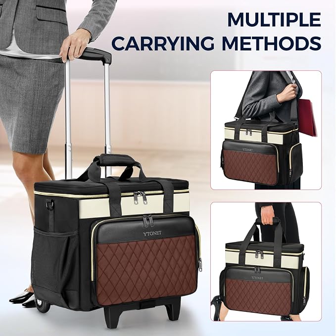Ytonet 15.6 Inch Teacher Rolling Bag with Detachable Dolly & Teacher Tote | Large Rolling Cart for Teachers, Rolling Tote Bag for Work, Bag with Wheels for Office, Nurse, Teacher Bag, Black Beige Brown