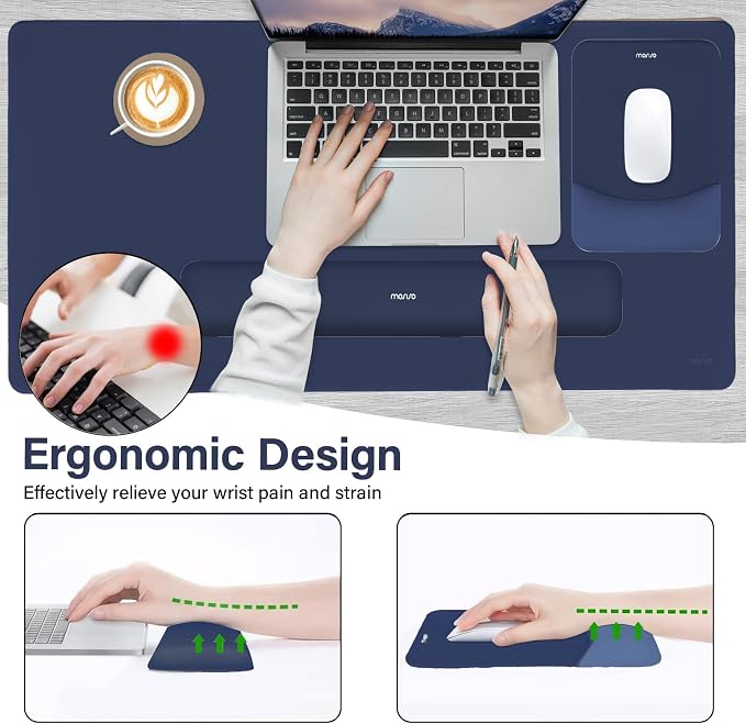 MOSISO Keyboard Mouse Pad Set, Large Gaming Mouse Pad&Keyboard Wrist Rest | Rectangular Mousepad with Wrist Rest&Coaster, Ergonomic Non-Slip&Easy Typing Pad with Curved Silicone Lining, Navy Blue