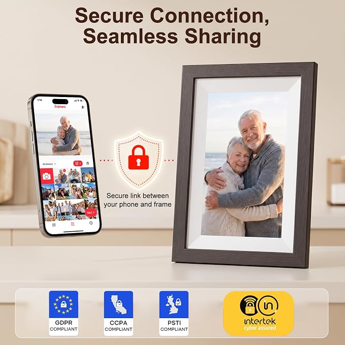 Digital Picture Frame, 10.1" Frameo Digital Frame WiFi with 1280x800 HD IPS Touch Screen, Auto-Rotate, Wall Mountable, Instant Share Photos & Videos from Phone via App, Brown Wood