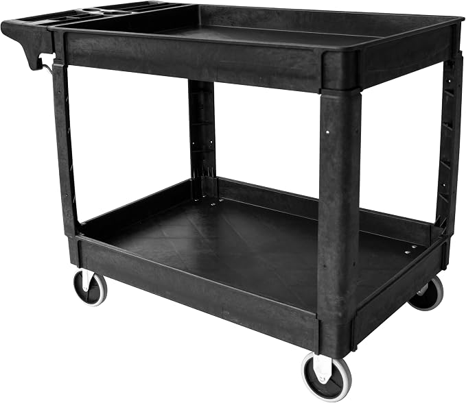 MaxWorks 2‑Tier Heavy‑Duty Utility Service Cart 500 lb Capacity 46" x 25.5" x 33.5" with 5" Swivel Casters and Polypropylene Shelves for Garage Workshop Warehouse Office (80858)