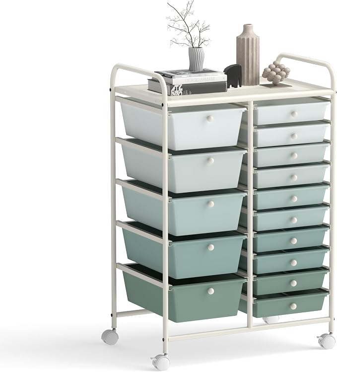 15 Drawer Rolling Storage Cart, Rolling Cart with Drawers for Classroom, Art Supply Craft Organizer on Wheel with Metal Frame & Handles for Home Office School (Gradient Green, 15 Drawer)