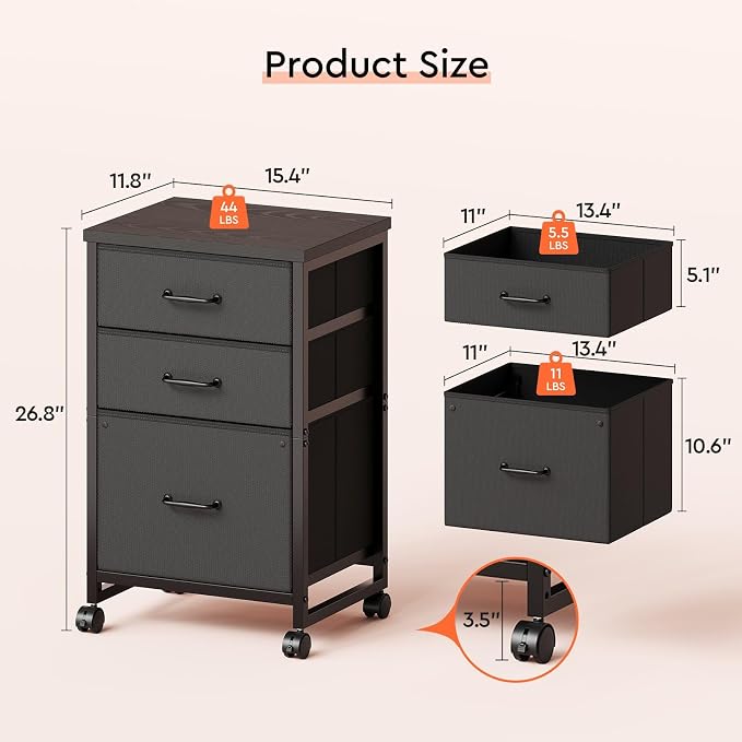 3 Drawer File Cabinet with Wheels with Open Storage Shelf, Black | Rolling Printer Stand Fabric Lateral Filing Cabinet for Home Office