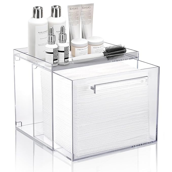 Acrylic Disposable Facial Towels Holder, Wall-Mounted, Clear | Premium Thicken Acrylic | Compatible with Clean Skin Club Towel XL | Skin Care Organizer with Drawer | Bathroom Vanity