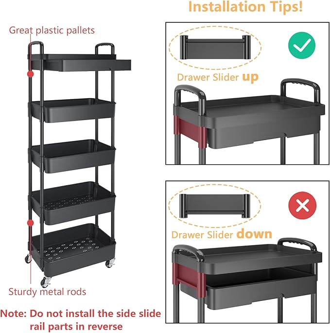 Calmootey 5-Tier Utility Cart with Drawer & Wheels, Storage for Home,Office | Space-Saving Organizer, Sturdy Plastic Shelves, Smooth-Rolling Metal Wheels, Built-in Drawer for Small Items, Black