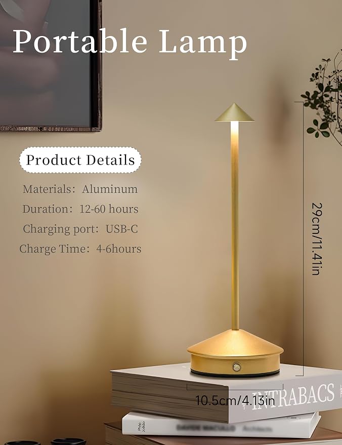 LED Rechargeable Cordless Table Lamps Gold | 2 Pcs Portable Modern USB Battery Operated Lights,Waterproof Touch Dimmable Desk Lamp,for Patio,Restaurant,Bar,Dining Home