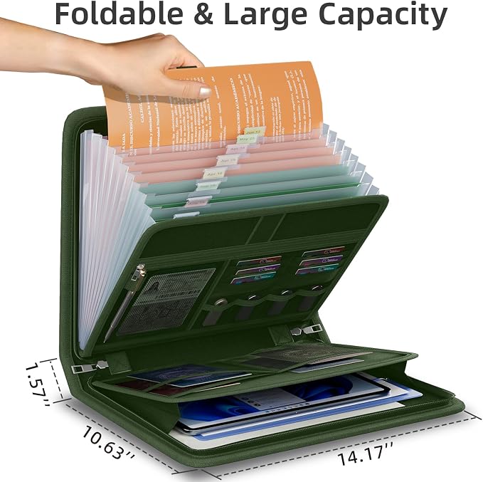 Fireproof Accordion File Organizer, Expanding File Folder with 13 Pockets | Portable Document Organizer with Waterproof Zipper & Labels, File Organizer for Important Document/Paper Storage, Green