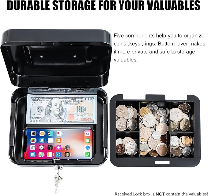KYODOLED Medium Cash Box with Removable Money Tray, Key Lock Metal Storage Box with 2 Keys & Portable Handle, Safe Cash Drawer, 7.87"x 6.30"x 3.54", Black