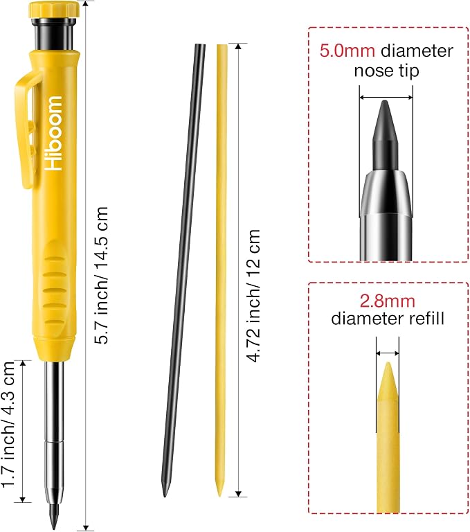 Hiboom 2 Pack Mechanical Deep Hole Carpenter Pencil, 14 Refills | Deep Hole Marker, Long Reach Tip, Built-in Sharpener, Wood, Metal, Concrete, Construction, Woodworking, Architect
