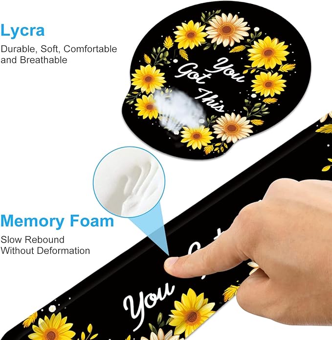 Keyboard Wrist Rest and Mouse Wrist Rest Pad with Cup Coaster,Made of Memory Foam,Ergonomic Support,Easy-Typing and Pain Relief,for Gaming Office Home Computer,You Got This Sunflower
