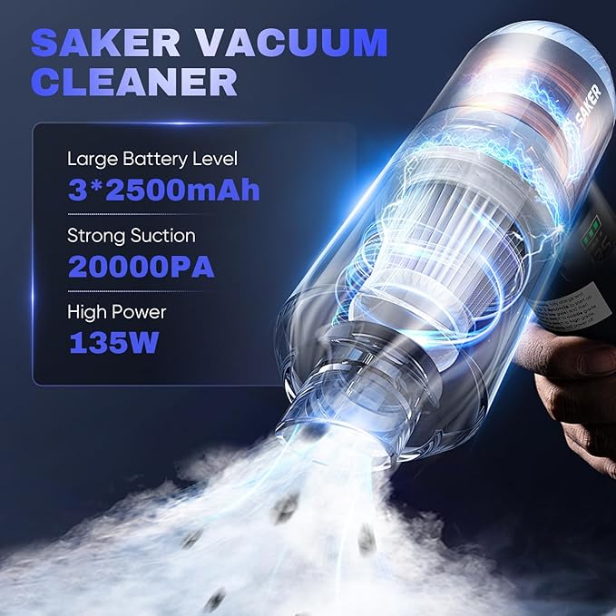 Saker Car Vacuum Portable Cordless 20000Pa Suction Power 4 in 1 Handheld Vacuum with LED Light Type-C Portable Mini Vacuums for Valentine's Day Gifts Car, Home, Office, Pet HL157 Blue