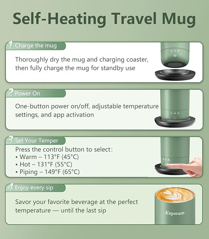 Kepwam Self-Heating Travel Mug 20oz, Temperature-Controlled Coffee Warmer Mug, Smart Travel Coffee Mug Keep Coffee Drinks Hot, Heated Mug Great for Driver Outdoor Fits Car Cup Holders