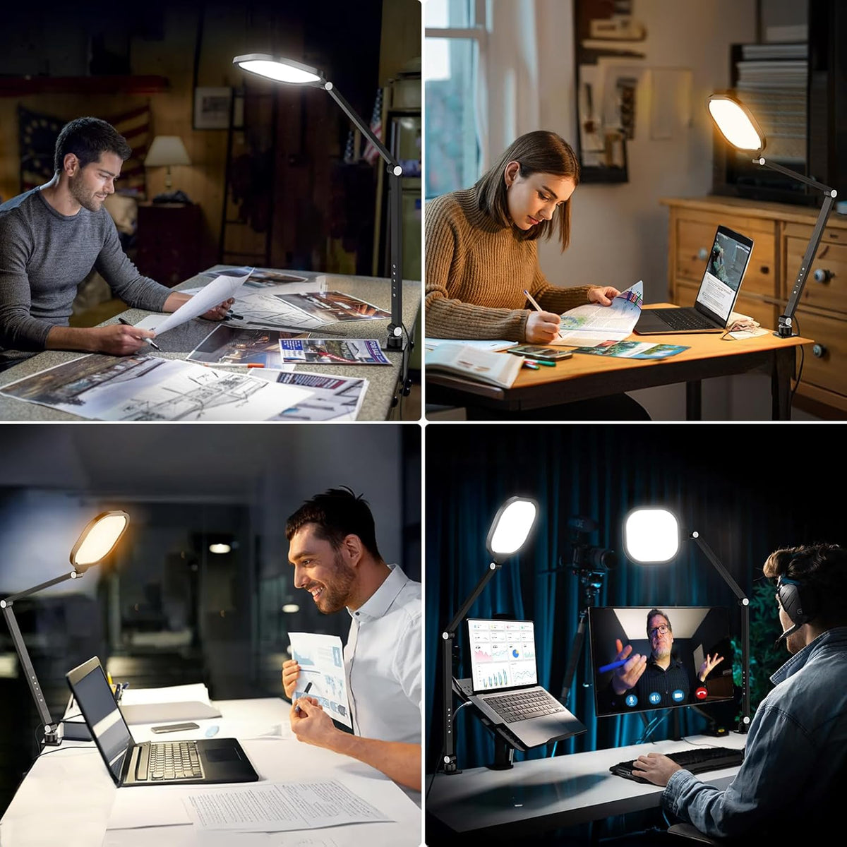 2 Packs Led Desk Lamps for Home Office, 1200LM Dimmable Clamp-on Desktop Light, Adjustable Swing Arm Ring Light with Stand, Memory & Timer Function, Eye-Caring Design