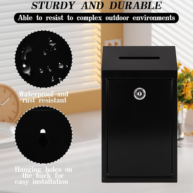 Metal Donation Box with Lock Ballot Box Drop Box with Lock Suggestion Box with Slot and Locks Metal Locks Boxs Comment Box Voting Box Key Drop Box for Home Office(Black,10.24 x 5.71 x 2.95 Inch)