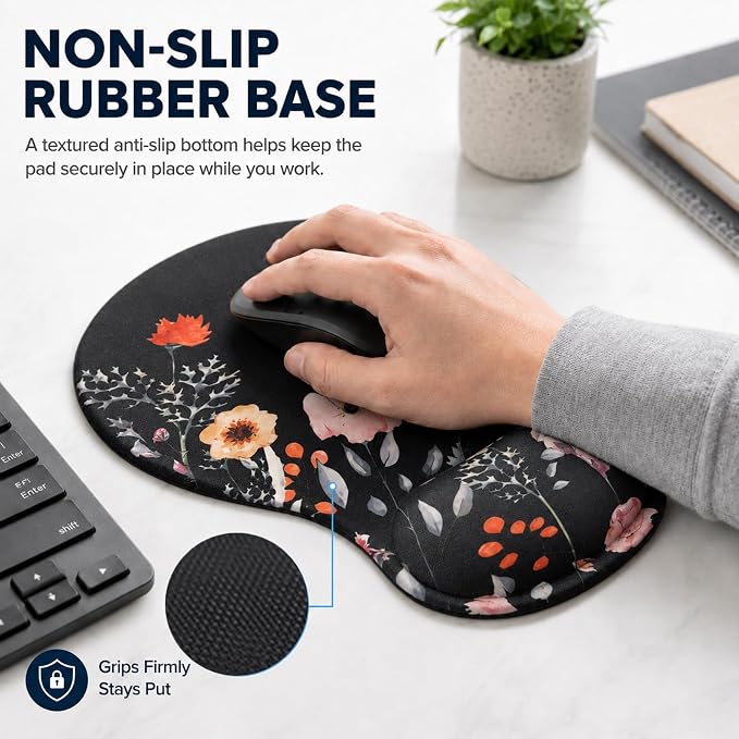Mouse Pad with Wrist Rest Ergonomic Memory Foam Support, Non-Slip Rubber Base, Comfortable Typing Cushion for Home Office Computer Laptop, Flower Black